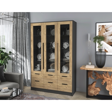 Шкаф с витриной КТ-ШВ3 (Антрацит ЛДСП/ Дуб золотой ЛДСП) Ш1360 В2128 Г451