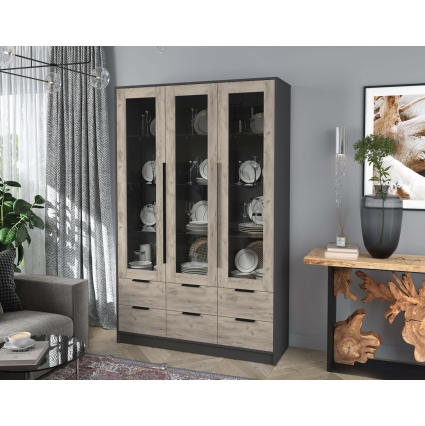 Шкаф с витриной КТ-ШВ3 (Антрацит ЛДСП/ Дуб серый ЛДСП) Ш1360 В2128 Г451