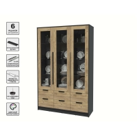 Шкаф с витриной КТ-ШВ3 (Антрацит ЛДСП/ Дуб золотой ЛДСП) Ш1360 В2128 Г451