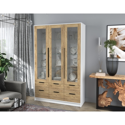 Шкаф с витриной КТ-ШВ3 (Белый ЛДСП/ Дуб золотой ЛДСП) Ш1360 В2128 Г451