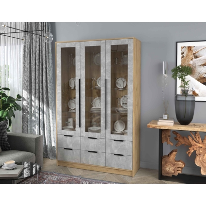 Шкаф с витриной КТ-ШВ3 (Дуб золотой ЛДСП/ Бетон ЛДСП) Ш1360 В2128 Г451