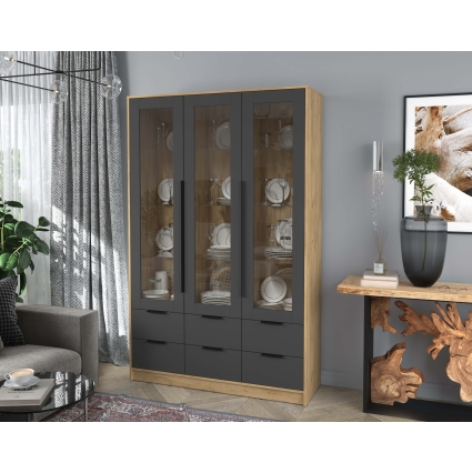 Шкаф с витриной КТ-ШВ3 (Дуб золотой ЛДСП/ Антрацит ЛДСП) Ш1360 В2128 Г451