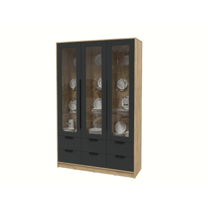 Шкаф с витриной КТ-ШВ3 (Дуб золотой ЛДСП/ Антрацит ЛДСП) Ш1360 В2128 Г451