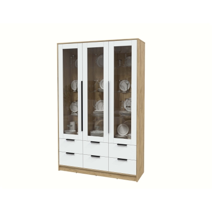 Шкаф с витриной КТ-ШВ3 (Дуб золотой ЛДСП/ Белый платинум ЛДСП) Ш1360 В2128 Г451