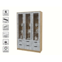 Шкаф с витриной КТ-ШВ3 (Дуб золотой ЛДСП/ Бетон ЛДСП) Ш1360 В2128 Г451