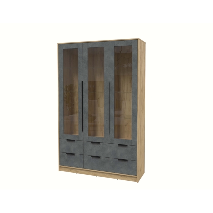 Шкаф с витриной КТ-ШВ3 (Дуб золотой ЛДСП/ Бетон портленд ЛДСП) Ш1360 В2128 Г451