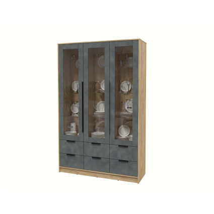 Шкаф с витриной КТ-ШВ3 (Дуб золотой ЛДСП/ Бетон портленд ЛДСП) Ш1360 В2128 Г451