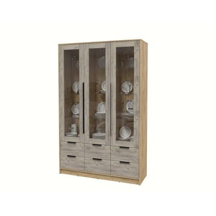 Шкаф с витриной КТ-ШВ3 (Дуб золотой ЛДСП/ Дуб серый ЛДСП) Ш1360 В2128 Г451