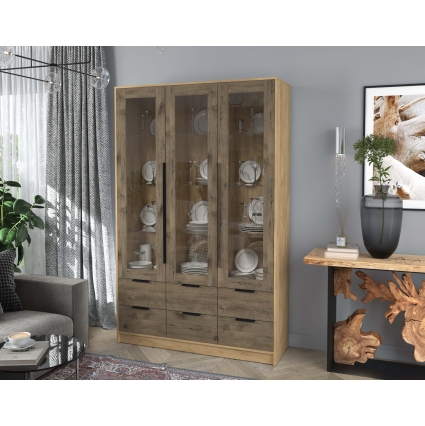 Шкаф с витриной КТ-ШВ3 (Дуб золотой ЛДСП/ Дуб веллингтон ЛДСП) Ш1360 В2128 Г451
