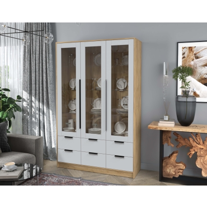 Шкаф с витриной КТ-ШВ3 (Дуб золотой ЛДСП/ Серый ЛДСП) Ш1360 В2128 Г451