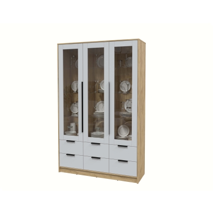 Шкаф с витриной КТ-ШВ3 (Дуб золотой ЛДСП/ Серый ЛДСП) Ш1360 В2128 Г451