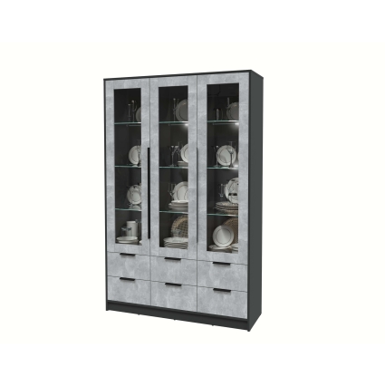 Шкаф с витриной КТ-ШВ3 с подсветкой (Антрацит ЛДСП/ Бетон ЛДСП) Ш1360 В2128 Г451