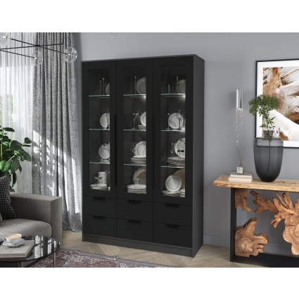 Шкаф с витриной КТ-ШВ3 с подсветкой (Антрацит ЛДСП/ Черный ЛДСП) Ш1360 В2128 Г451