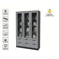 Шкаф с витриной КТ-ШВ3 с подсветкой (Антрацит ЛДСП/ Серебро ЛДСП) Ш1360 В2128 Г451