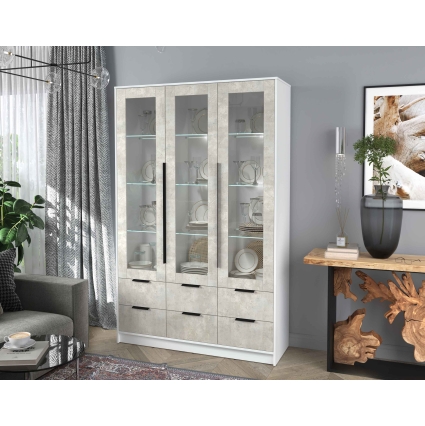 Шкаф с витриной КТ-ШВ3 с подсветкой (Белый ЛДСП/ Бетон лайт ЛДСП) Ш1360 В2128 Г451
