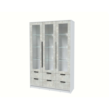 Шкаф с витриной КТ-ШВ3 с подсветкой (Белый ЛДСП/ Бетон лайт ЛДСП) Ш1360 В2128 Г451