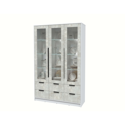 Шкаф с витриной КТ-ШВ3 с подсветкой (Белый ЛДСП/ Бетон лайт ЛДСП) Ш1360 В2128 Г451