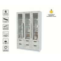 Шкаф с витриной КТ-ШВ3 с подсветкой (Белый ЛДСП/ Бетон лайт ЛДСП) Ш1360 В2128 Г451