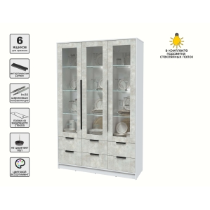 Шкаф с витриной КТ-ШВ3 с подсветкой (Белый ЛДСП/ Бетон лайт ЛДСП) Ш1360 В2128 Г4..
