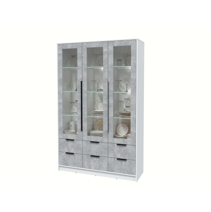 Шкаф с витриной КТ-ШВ3 с подсветкой (Белый ЛДСП/ Бетон ЛДСП) Ш1360 В2128 Г451