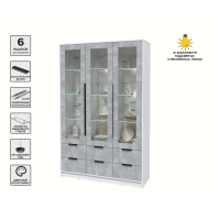 Шкаф с витриной КТ-ШВ3 с подсветкой (Белый ЛДСП/ Бетон ЛДСП) Ш1360 В2128 Г451
