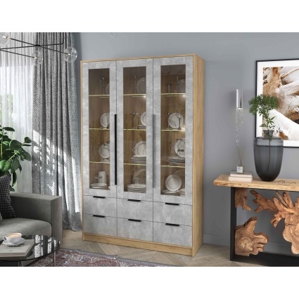 Шкаф с витриной КТ-ШВ3 с подсветкой (Дуб золотой ЛДСП/ Бетон ЛДСП) Ш1360 В2128 Г451