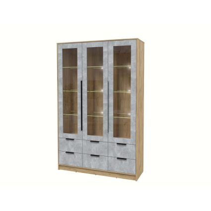 Шкаф с витриной КТ-ШВ3 с подсветкой (Дуб золотой ЛДСП/ Бетон ЛДСП) Ш1360 В2128 Г451