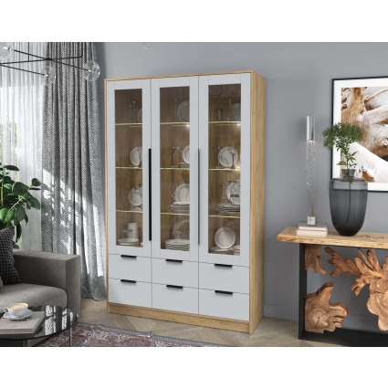 Шкаф с витриной КТ-ШВ3 с подсветкой (Дуб золотой ЛДСП/ Серый ЛДСП) Ш1360 В2128 Г451