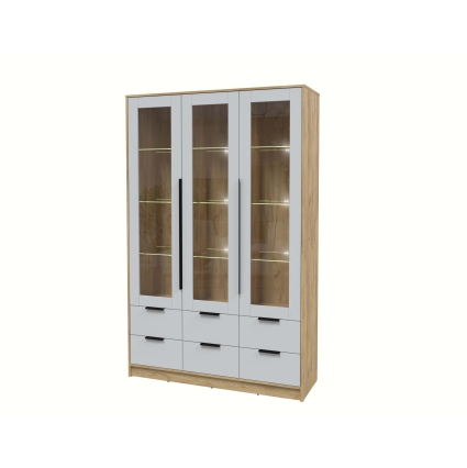 Шкаф с витриной КТ-ШВ3 с подсветкой (Дуб золотой ЛДСП/ Серый ЛДСП) Ш1360 В2128 Г451
