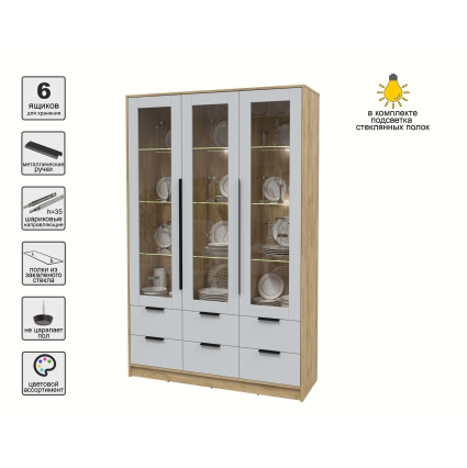 Шкаф с витриной КТ-ШВ3 с подсветкой (Дуб золотой ЛДСП/ Серый ЛДСП) Ш1360 В2128 Г451