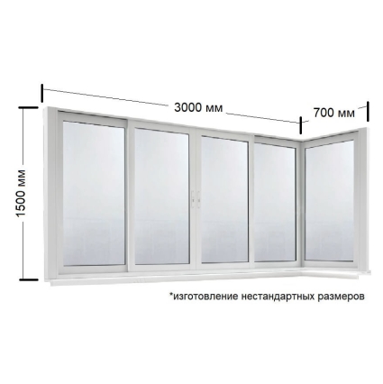Раздвижная рама Алюминиевая 3000х1500/700х1500х64 мм угловая с одинарным стеклом (Белый)