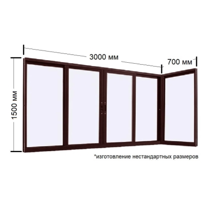 Раздвижная рама Алюминиевая 3000х1500/700х1500х64 мм угловая с одинарным стеклом (Коричневый)
