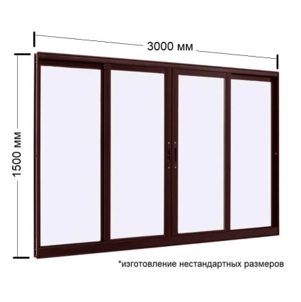 Раздвижная рама Алюминиевая 3000х1500х64 мм прямая с одинарным стеклом (Коричнев..