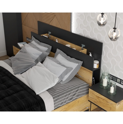 Кровать двуспальная с подъемным механизмом QZ-К160 (Дуб Нокс/ Черный) Ш1666 В943 Г2216