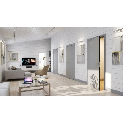 Дверь межкомнатная PRIME Line 4 ПЭТ (Grey Silk/ Золотой молдинг) кромка ABS Дверь межкомнатная PRIME Line 4 ПЭТ (Grey Silk/ Золотой молдинг) кромка ABS