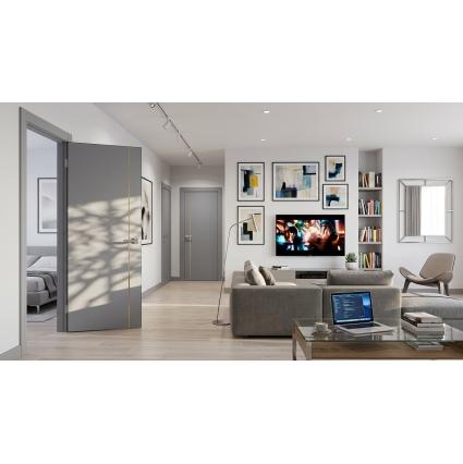 Дверь межкомнатная PRIME Line 1 ПЭТ (Grey Silk/ Золотой молдинг) кромка ABS Дверь межкомнатная PRIME Line 1 ПЭТ (Grey Silk/ Золотой молдинг) кромка ABS