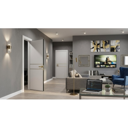 Дверь межкомнатная PRIME Line 2 ПЭТ (White Silk/ Золотой молдинг) кромка ABS Дверь межкомнатная PRIME Line 2 ПЭТ (White Silk/ Золотой молдинг) кромка ABS