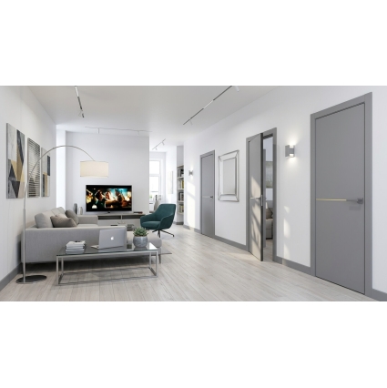 Дверь межкомнатная PRIME Line 3 ПЭТ (Grey Silk/ Золотой молдинг) кромка ABS Дверь межкомнатная PRIME Line 3 ПЭТ (Grey Silk/ Золотой молдинг) кромка ABS