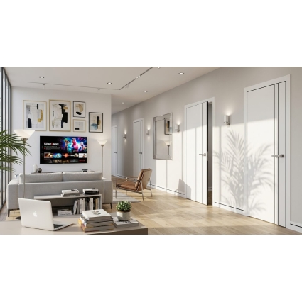 Дверь межкомнатная PRIME Line 4 ПЭТ (White Silk/ Черный молдинг) кромка ABS