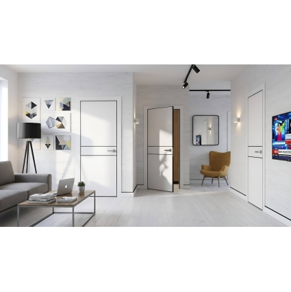 Дверь межкомнатная PRIME Line 2 ПЭТ (White Silk/ Черный молдинг) кромка ABS Дверь межкомнатная PRIME Line 2 ПЭТ (White Silk/ Черный молдинг) кромка ABS