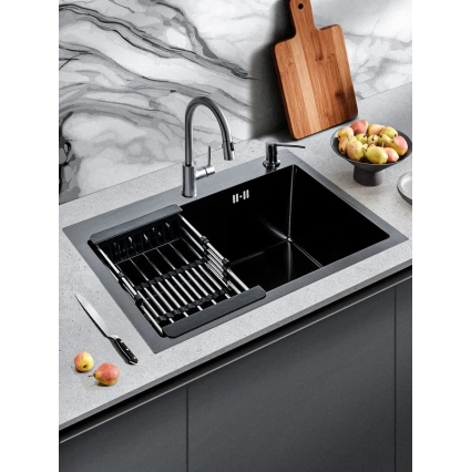 Мойка для кухни стальная 60х45 см КромРус, комплект 4 в 1 (Черная)