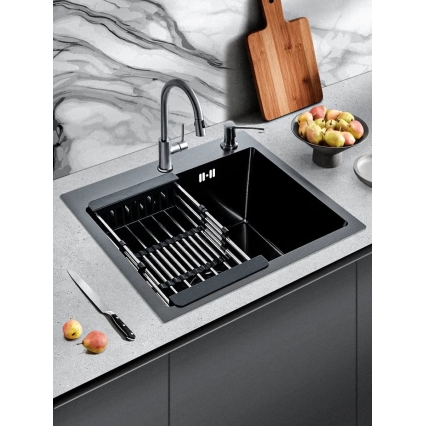 Мойка для кухни стальная 50х45 см КромРус, комплект 4 в 1 (Черная)