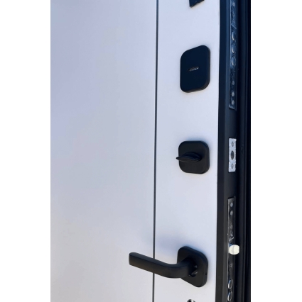 Входная дверь 9 Штамп Нео (Муар черный / Меламин Эмалит белый)