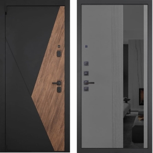 Входная дверь ГРАНИТ Геометрия-86 Зеркало черное (ПВХ Серый софт)