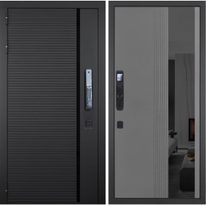 Входная дверь ГРАНИТ Пиано СМАРТ-86 Зеркало черное (ПВХ Серый софт)