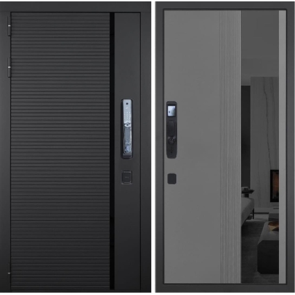 Входная дверь ГРАНИТ Пиано СМАРТ-86 Зеркало черное (ПВХ Серый софт)