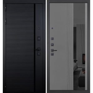 Входная дверь ГРАНИТ Пиано-86 Зеркало черное (ПВХ Серый софт)