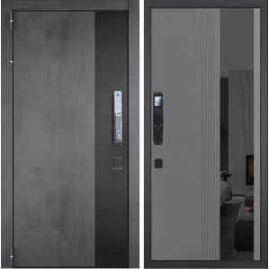 Входная дверь ГРАНИТ Роял СМАРТ-86 Зеркало черное (ПВХ Серый софт)