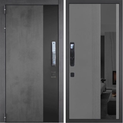 Входная дверь ГРАНИТ Роял СМАРТ-86 Зеркало черное (ПВХ Серый софт)