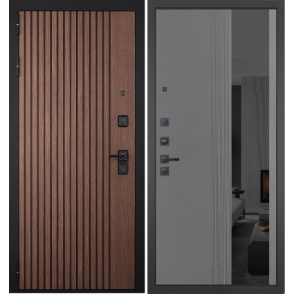 Входная дверь ГРАНИТ Шторм-86 Зеркало черное (ПВХ Серый софт)